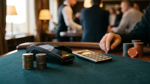 Két egyszerű érmekupac és egy bankkártyás fizetési terminál sötétkék asztalon, oldalirányú meleg világítással