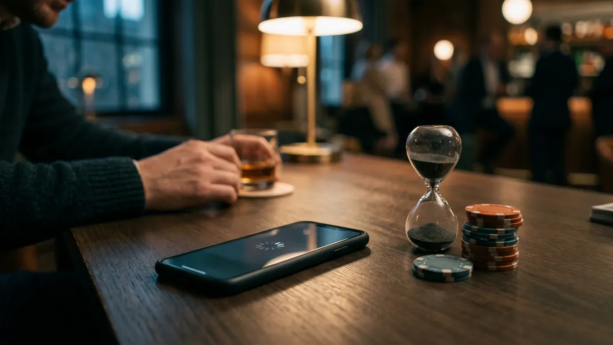 Okostelefon az asztalon, homályos betöltési ikonnal, homokórával és zsetonokkal, lágy türkiz fényben