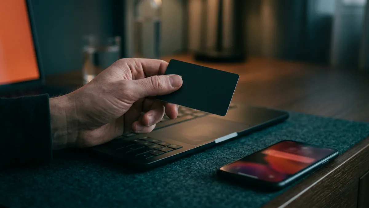 Bankkártyát tartó kéz laptop billentyűzet felett, okostelefon mellett, amelyen elutasító üzenet látható