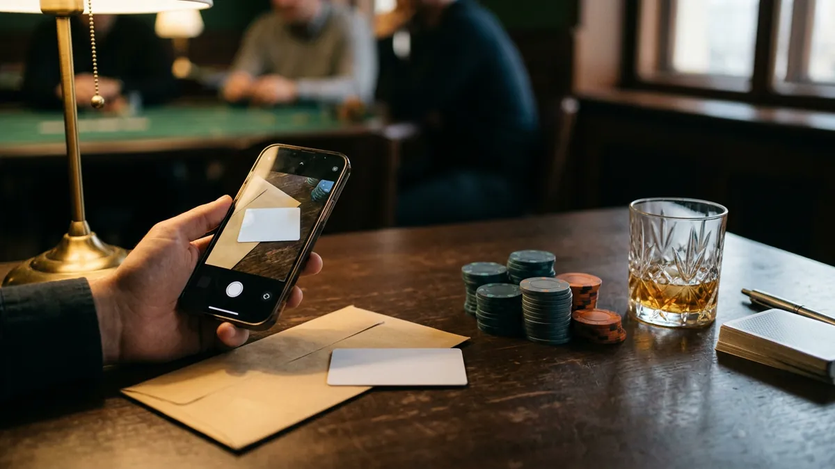 Üres műanyag kártya, boríték és okmányt fényképező mobiltelefon asztalon