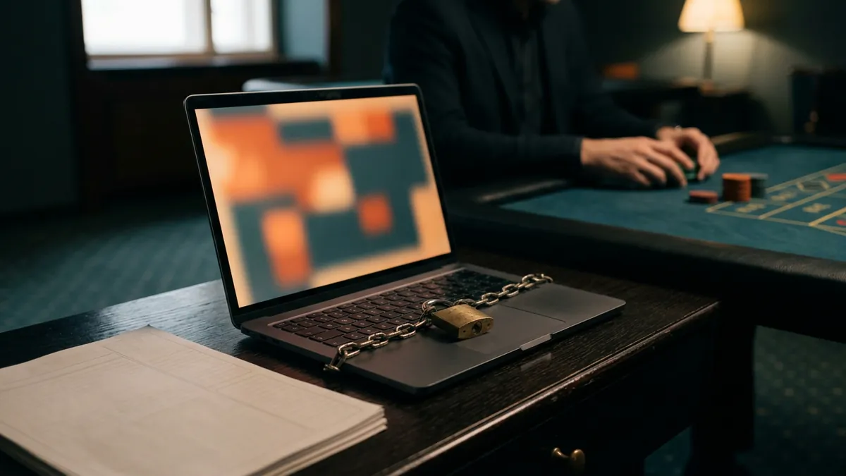 Laptop sötét asztalon, képernyőjén elmosódott narancs és türkiz színek, kis réz lakat és lánc a billentyűzeten, halvány türkiz szobában
