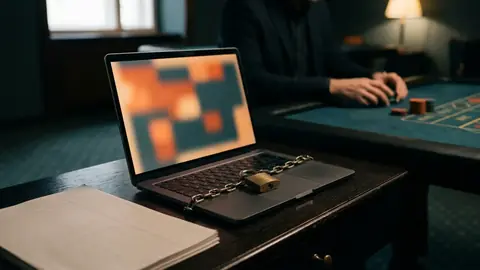 Laptop sötét asztalon, képernyőjén elmosódott narancs és türkiz színek, kis réz lakat és lánc a billentyűzeten, halvány türkiz szobában